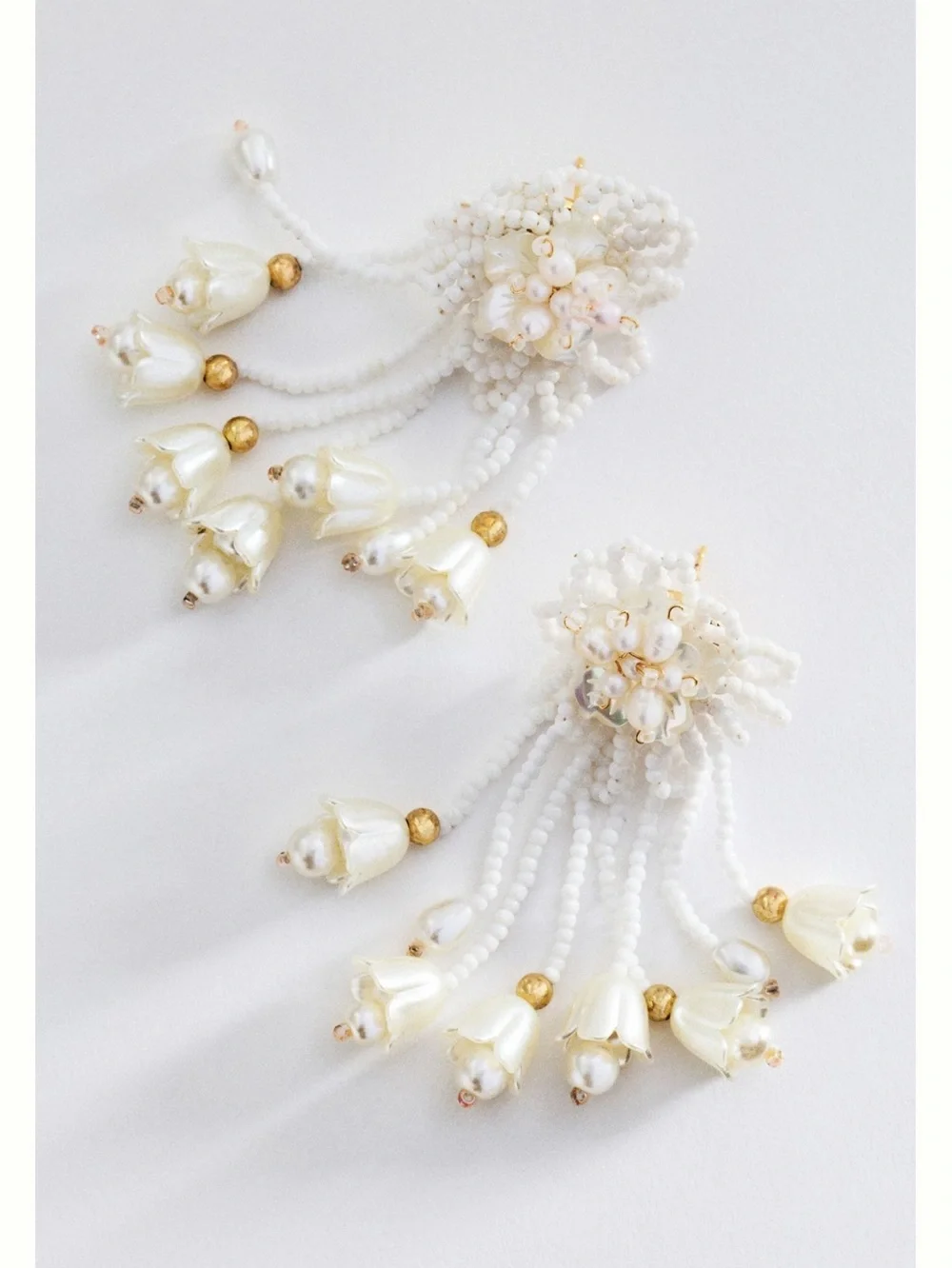 Anthropologie Beaded Drop Earrings Floral Fringe New Ivory Pearl